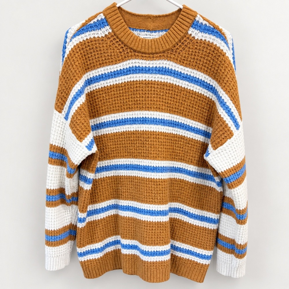 American Eagle Striped Waffle Knit Sweater Brown Blue White Womens Small